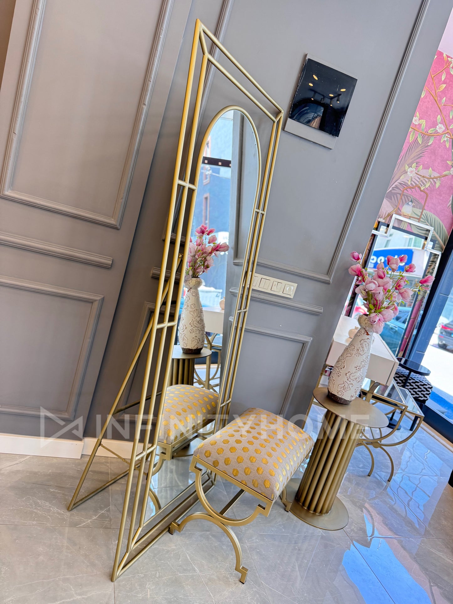 Ayaklı Çerçeveli Ayna - Eskitme Gold