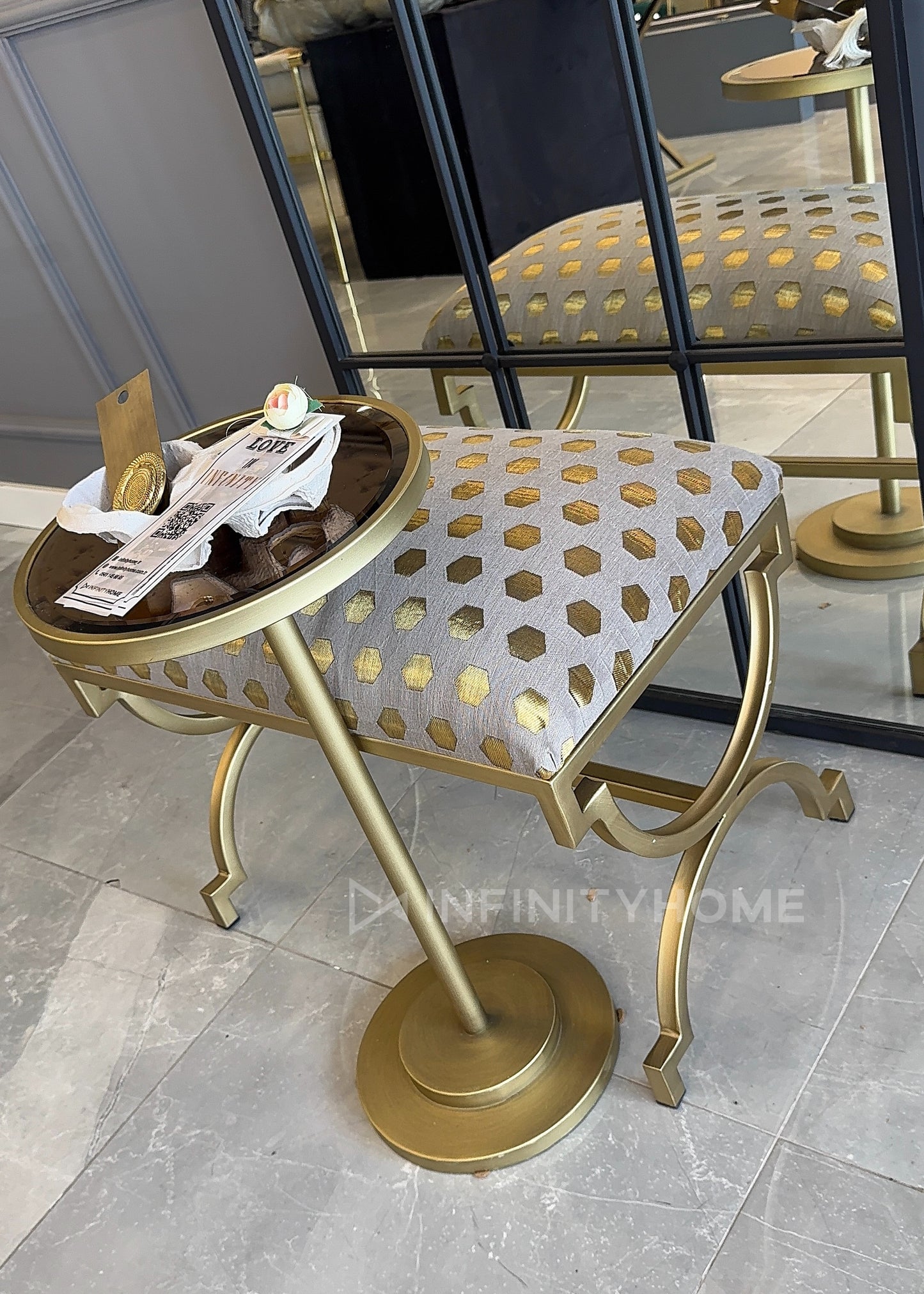 İşlemeli Puf - Eskitme Gold